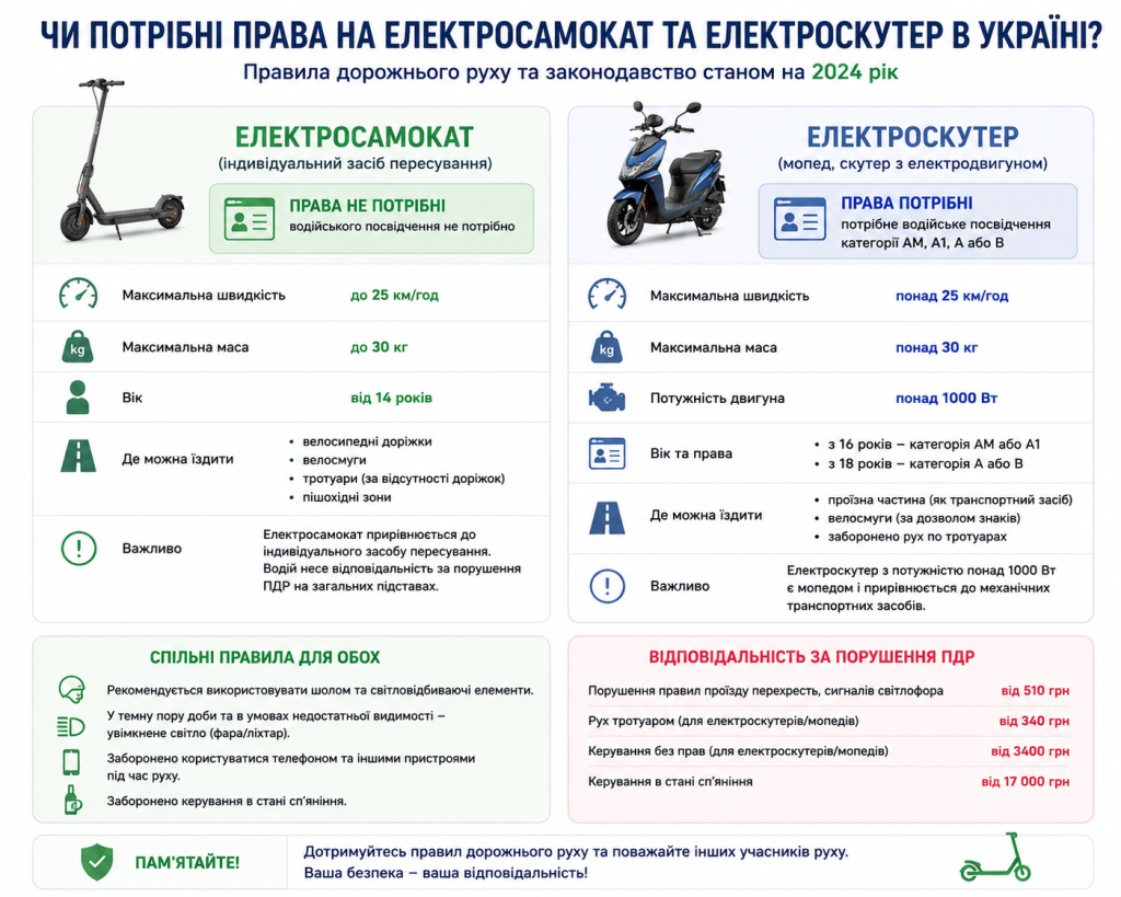 Інфографіка з порівнянням правил керування електросамокатом і електроскутером в Україні — вимоги до прав, вік, де можна їздити та штрафи за порушення ПДР
