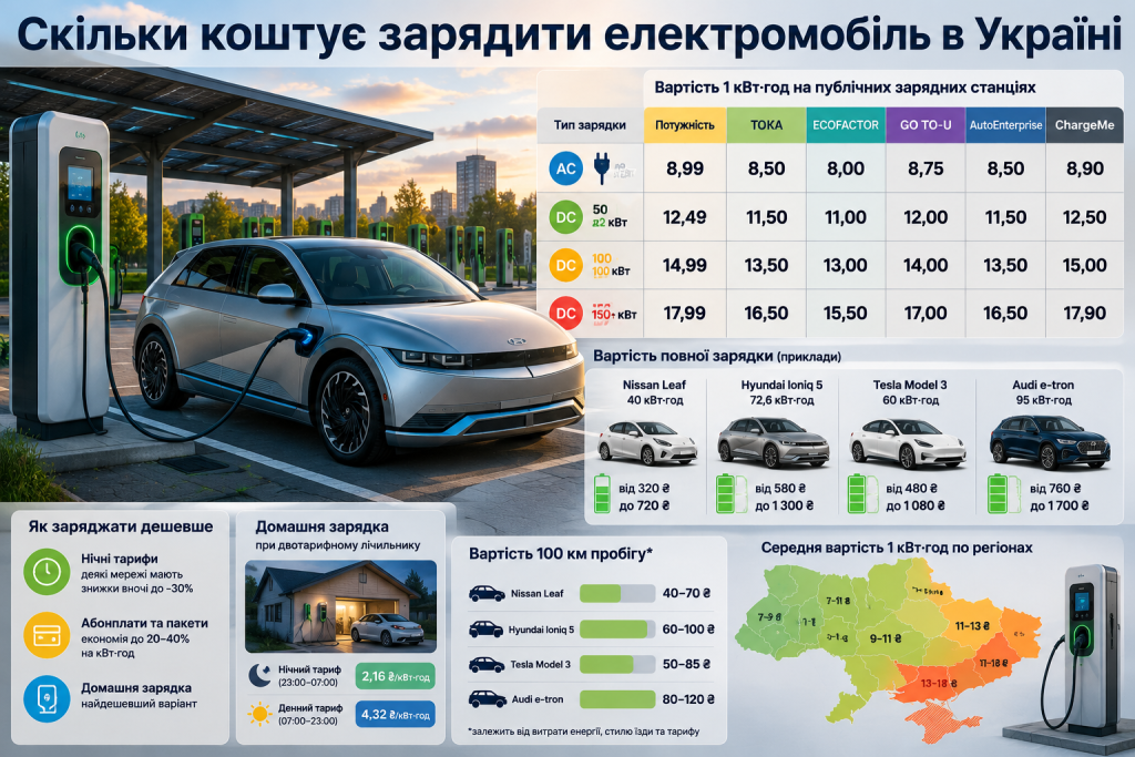 Інфографіка з цінами на зарядку електромобілів в Україні: тарифи публічних станцій, вартість повної зарядки різних моделей та порівняння по регіонах