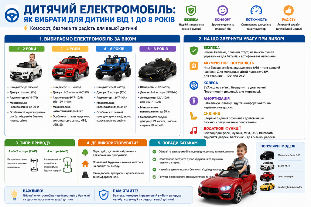 Інфографіка з порівнянням дитячих електромобілів за віком, характеристиками безпеки, типом приводу та порадами для батьків щодо вибору