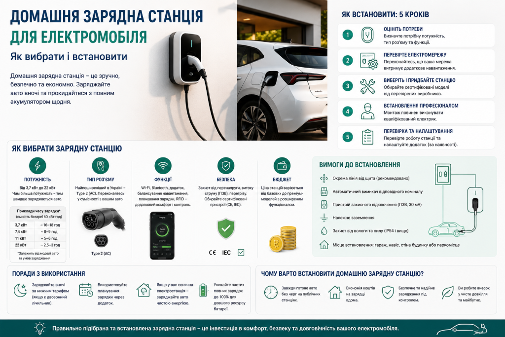 Інфографіка про вибір та встановлення домашньої зарядної станції для електромобіля — потужність, тип роз'єму, безпека та покрокова інструкція монтажу