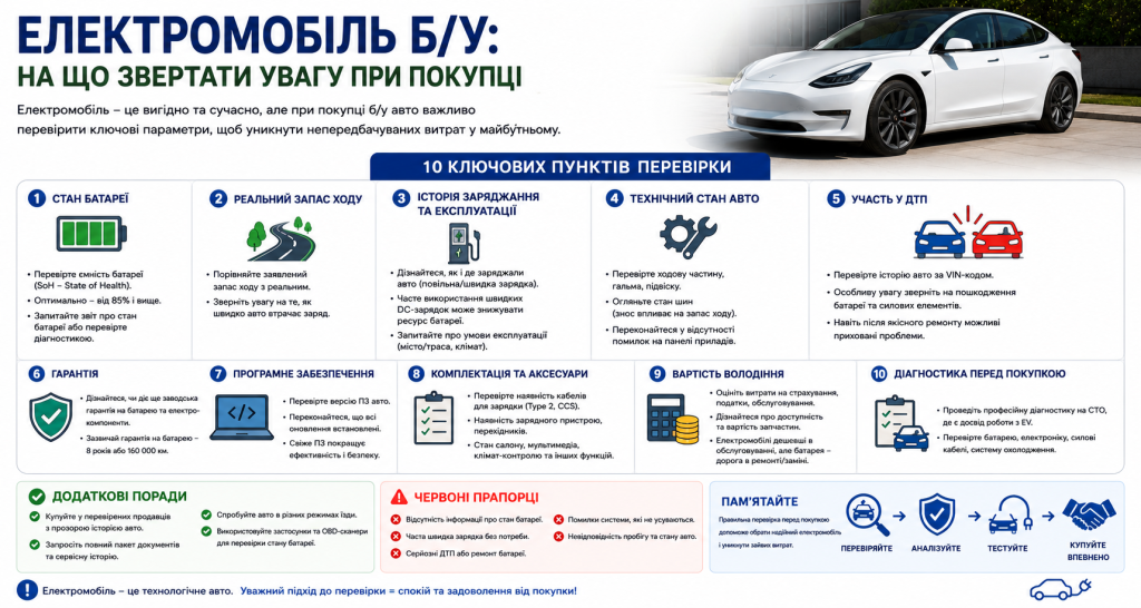 Інфографіка з 10 ключовими пунктами перевірки вживаного електромобіля — стан батареї, запас ходу, історія зарядок, технічний стан та діагностика
