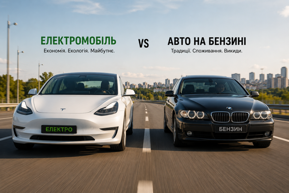 Два автомобілі їдуть назустріч один одному на трасі: білий електромобіль з написом «Електро» та чорне авто на бензині з написом «Бензин»