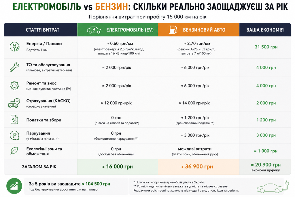 Інфографіка з порівнянням річних витрат на електромобіль і бензинове авто в Україні — паливо, ТО, страхування, паркування та загальна економія