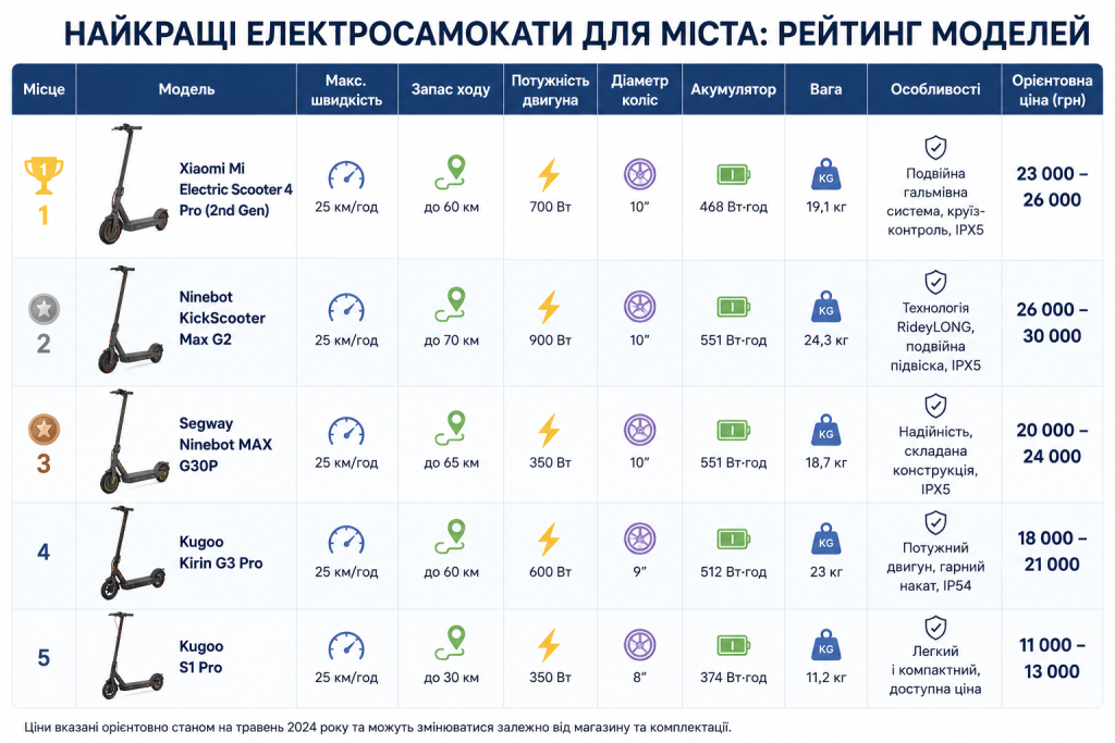 Рейтингова таблиця п'яти найкращих міських електросамокатів з характеристиками та цінами — Xiaomi, Ninebot, Segway та Kugoo