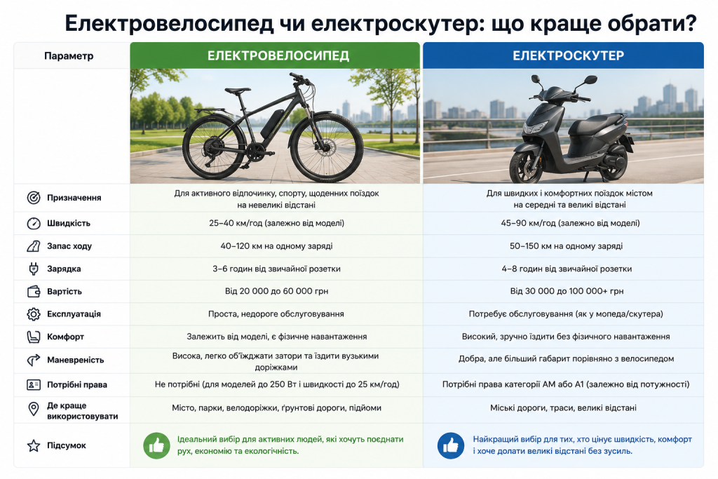 Порівняльна таблиця електровелосипеда та електроскутера за швидкістю, запасом ходу, вартістю, комфортом та вимогами до прав