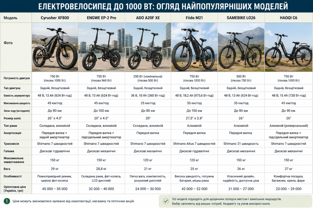Порівняльна таблиця характеристик і цін електровелосипедів до 1000 Вт — моделі Cyrusher XF800, ENGWE EP-2 Pro, ADO A20F XE, Fiido M21, Samebike LO26 та Haoqi C6