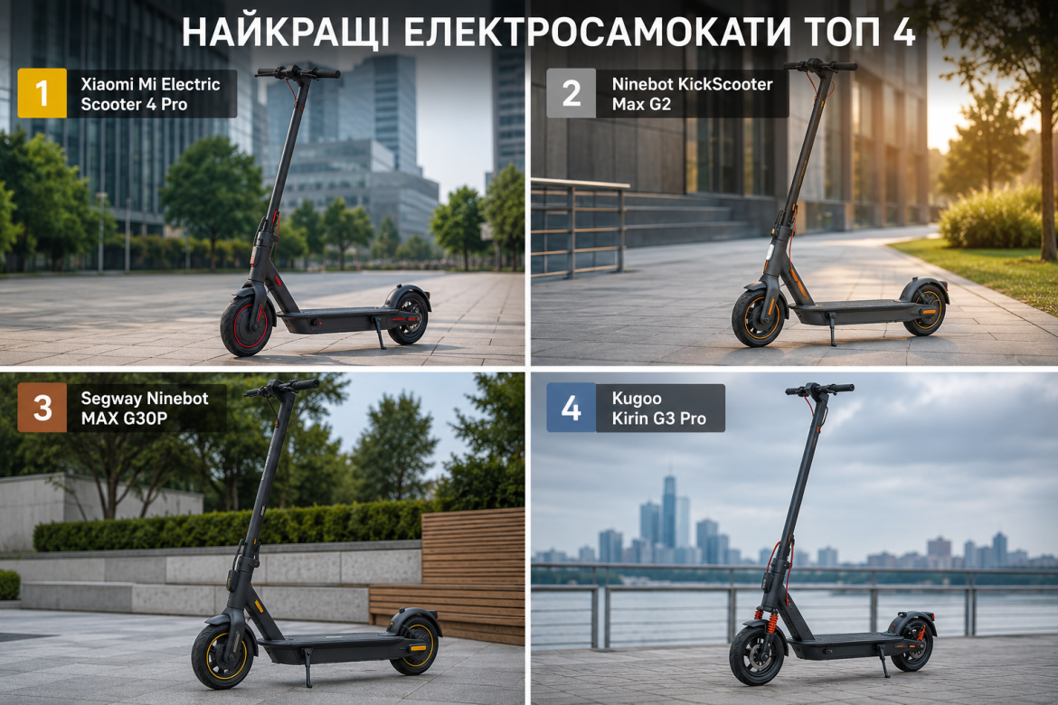 Колаж із фотографіями чотирьох найкращих електросамокатів для міста — Xiaomi Mi Electric Scooter 4 Pro, Ninebot KickScooter Max G2, Segway Ninebot MAX G30P та Kugoo Kirin G3 Pro