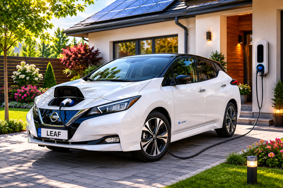 Білий Nissan Leaf підключений до домашньої зарядної станції на фоні приватного будинку із сонячними панелями на даху