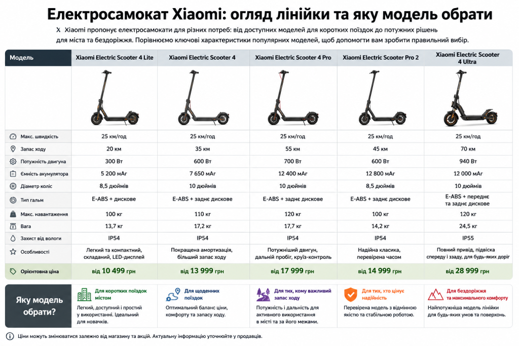 Інфографіка з порівнянням характеристик і цін електросамокатів Xiaomi — від базової моделі Scooter 4 Lite до топової 4 Ultra