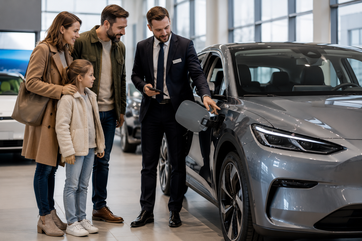 Сімейна пара з донькою слухає консультацію менеджера автосалону, який показує зарядний порт сірого електромобіля
