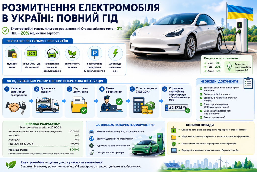 Інфографіка з покроковою інструкцією розмитнення електромобіля в Україні — податки, необхідні документи, приклад розрахунку та корисні поради