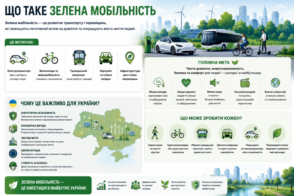 Інфографіка про зелену мобільність в Україні — визначення, види екологічного транспорту, переваги для країни та що може зробити кожен