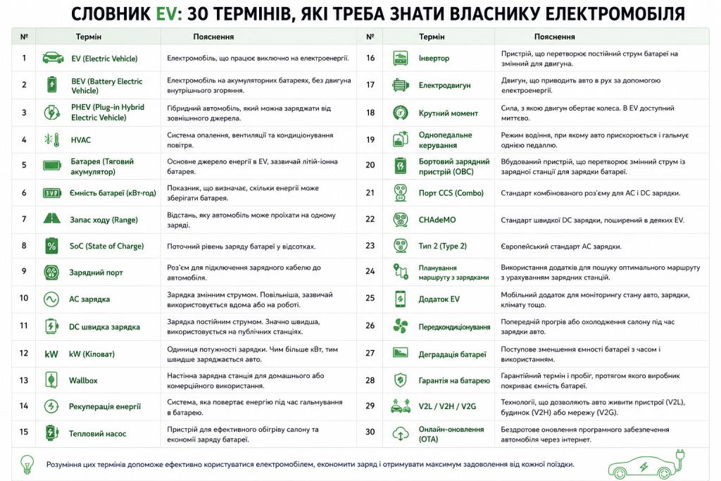 Таблиця з поясненням 30 ключових термінів для власників електромобілів — від EV та BEV до рекуперації, деградації батареї та OTA-оновлень