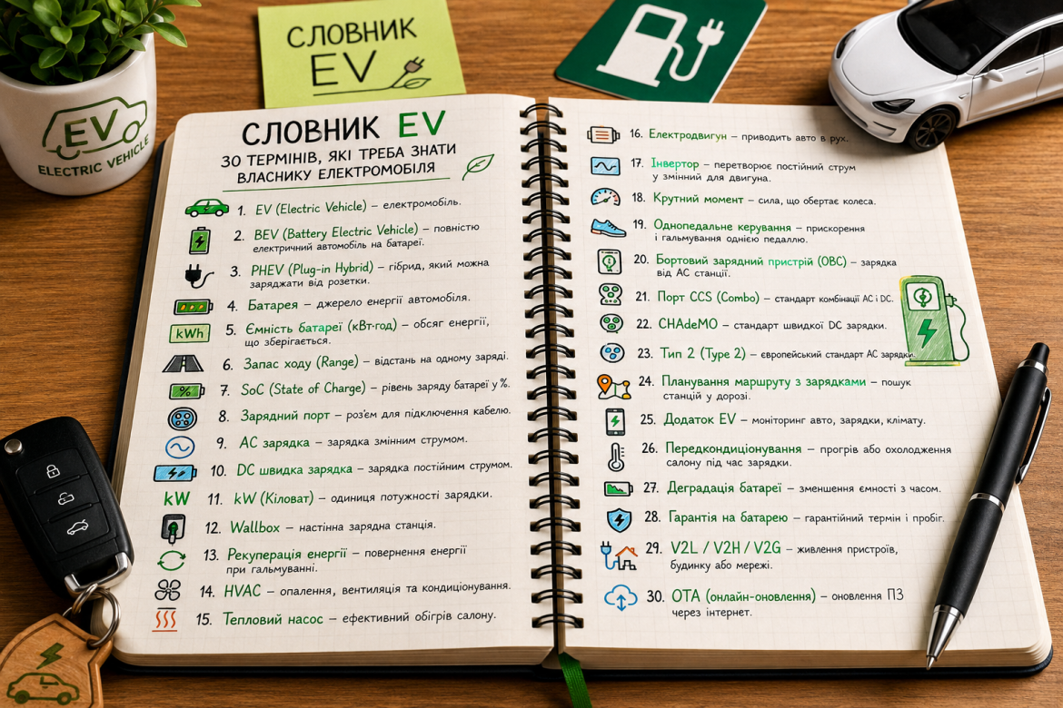 Розгорнутий блокнот з рукописним списком 30 термінів власника електромобіля, поруч з моделькою авто, ключами та написом «Словник EV»