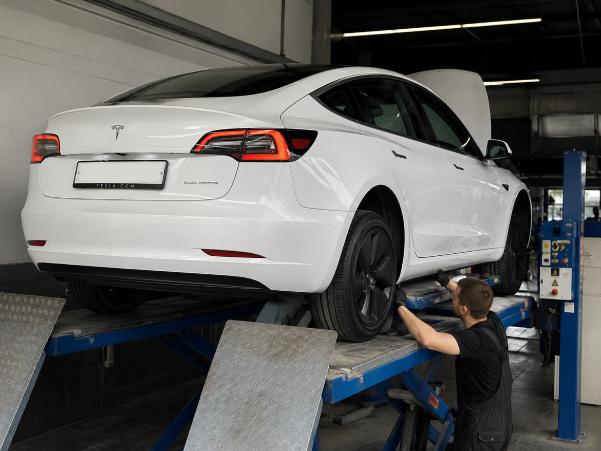 Білий Tesla Model 3 Dual Motor на підйомнику в автосервісі, механік оглядає колесо під час технічного огляду