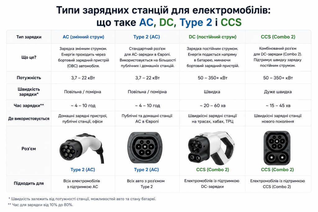 Порівняльна таблиця типів зарядних станцій для електромобілів — AC, Type 2, DC та CCS з описом потужності, часу зарядки та сфери використання
