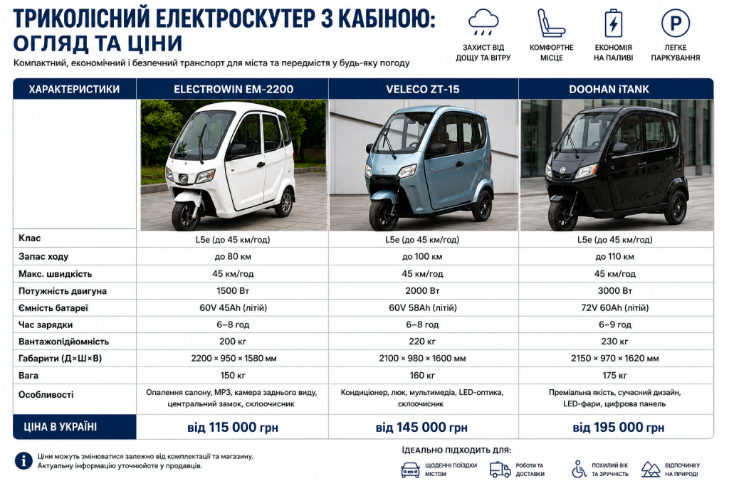 Інфографіка з порівнянням триколісних електроскутерів з кабіною — характеристики та ціни моделей Electrowin EM-2200, Veleco ZT-15 та Doohan iTank