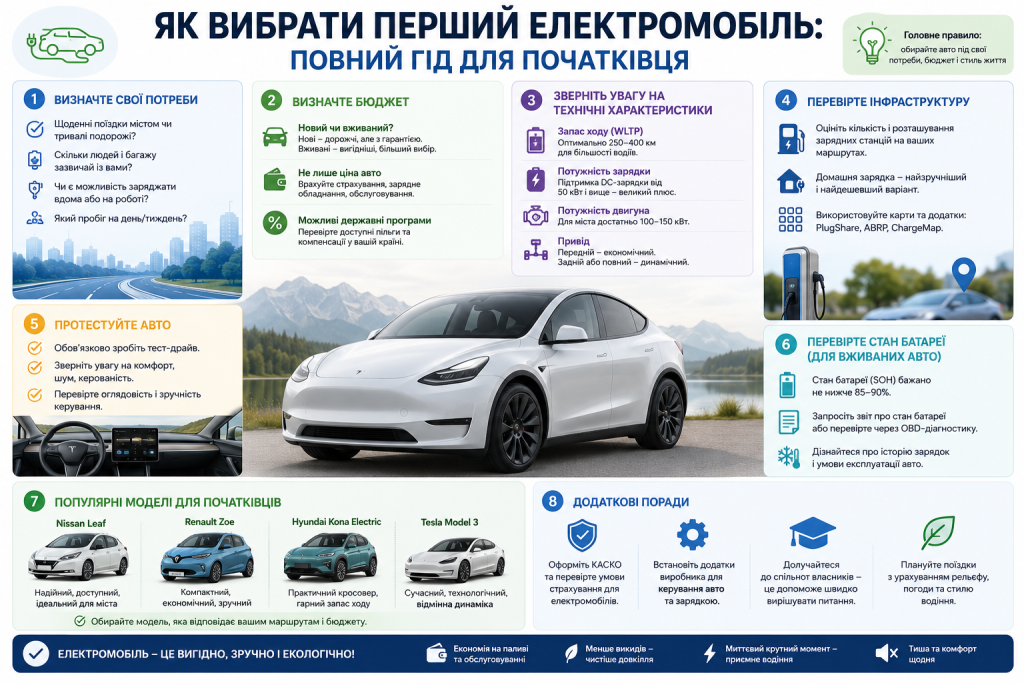 Інфографіка з покроковим гідом вибору першого електромобіля — потреби, бюджет, технічні характеристики, інфраструктура зарядки та популярні моделі для новачків