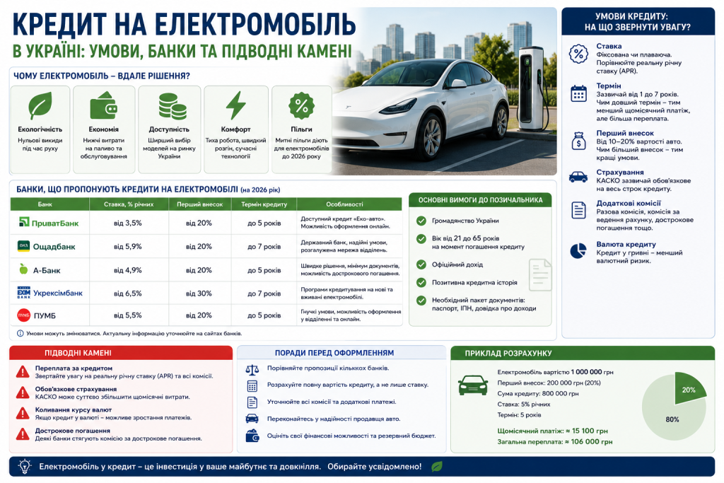Інфографіка про кредити на електромобілі в Україні, вимоги банків, умови кредитування та можливі ризики.