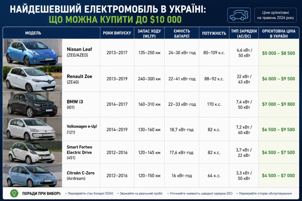Інфографіка з найдоступнішими електромобілями в Україні, їх характеристиками та цінами