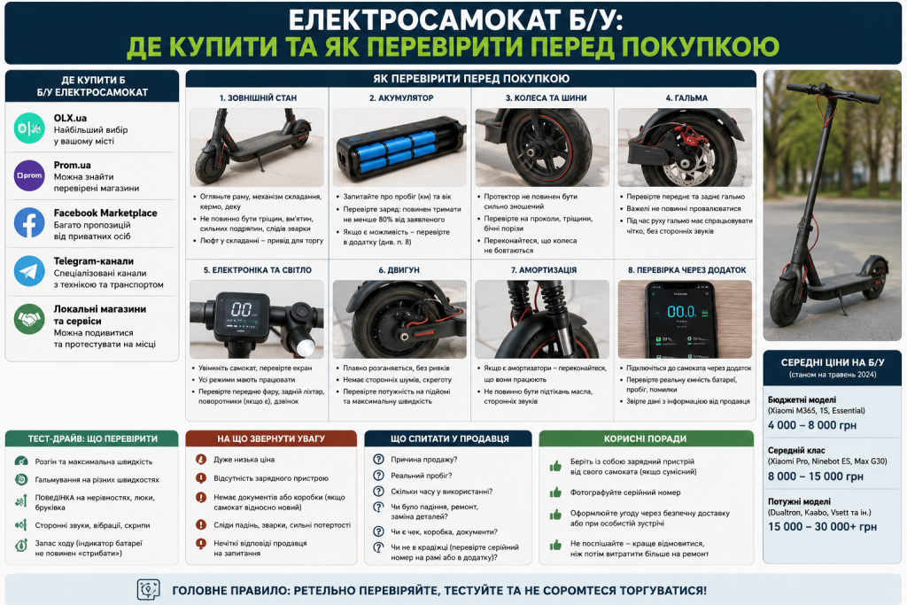Інфографіка про вибір і перевірку б/у електросамоката перед покупкою
