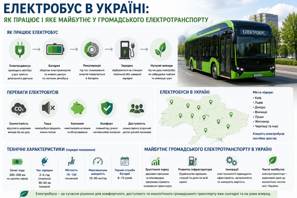 Інфографіка з принципом роботи електробуса та перспективами розвитку електротранспорту в Україні