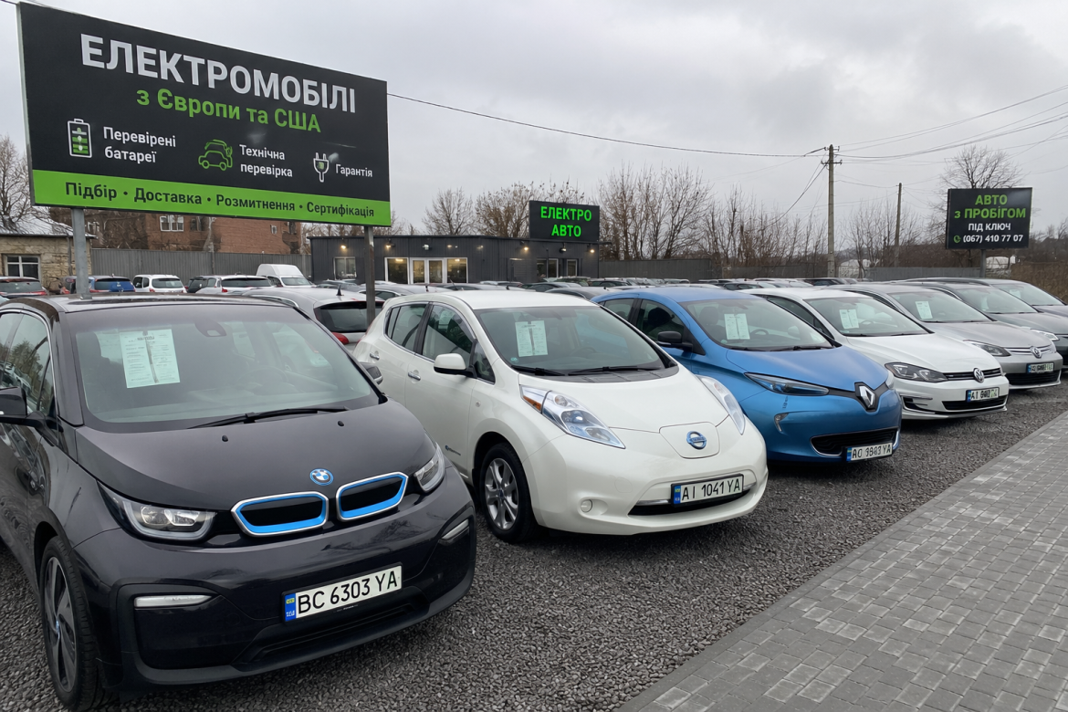 Ряд уживаних електромобілів на майданчику автосалону в Україні
