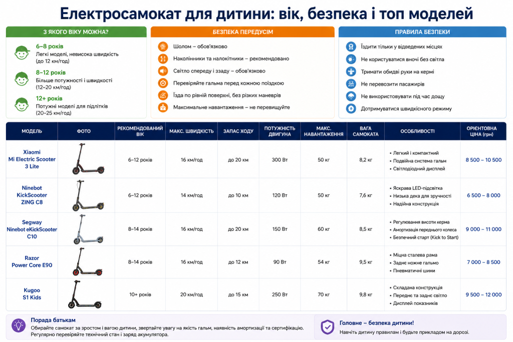 Інфографіка з віковими рекомендаціями, правилами безпеки та порівнянням моделей дитячих електросамокатів