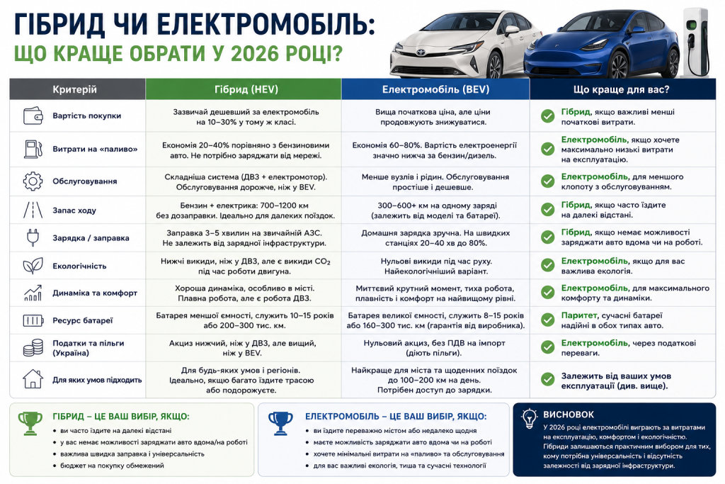 Інфографіка з порівнянням гібридного автомобіля та електромобіля за витратами, запасом ходу, обслуговуванням і комфортом.
