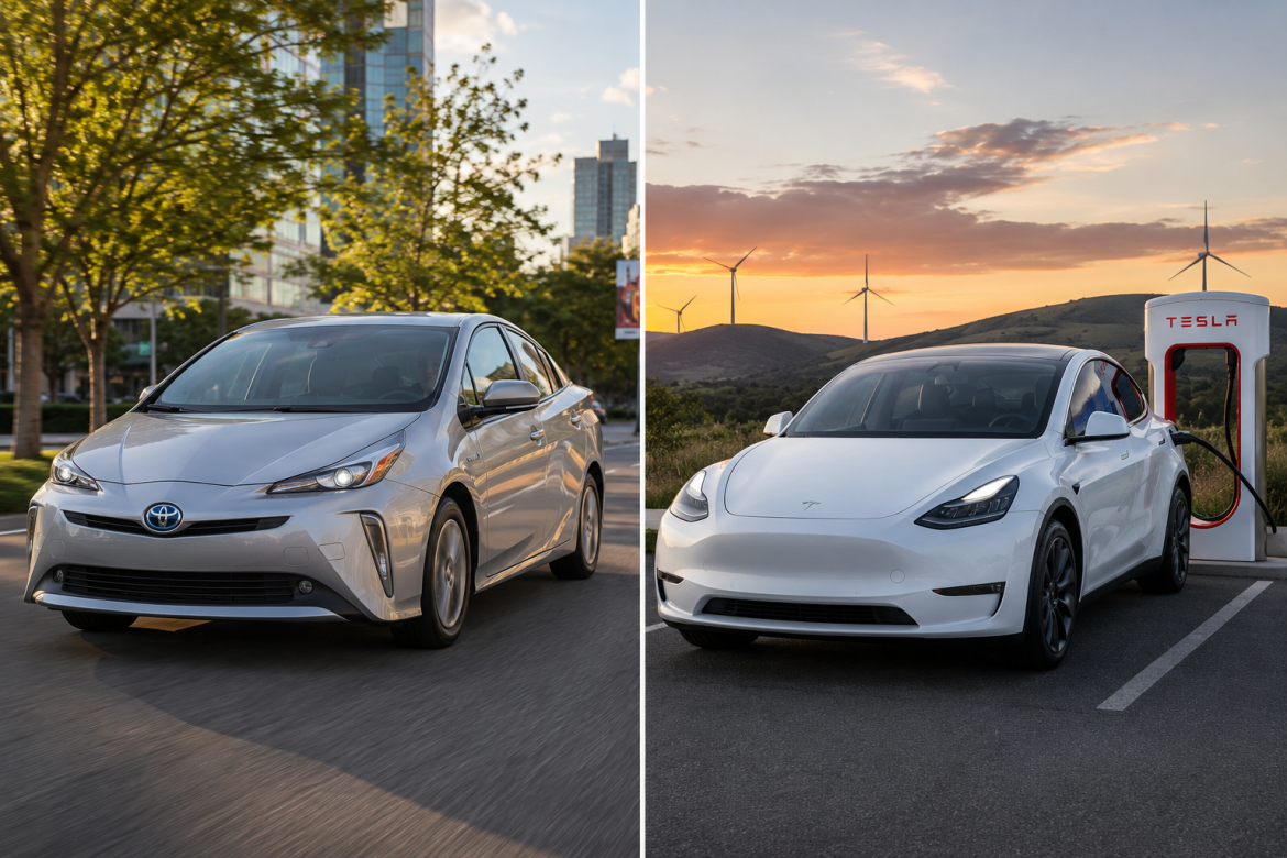 Гібридний автомобіль на міській дорозі та електромобіль Tesla біля зарядної станції.