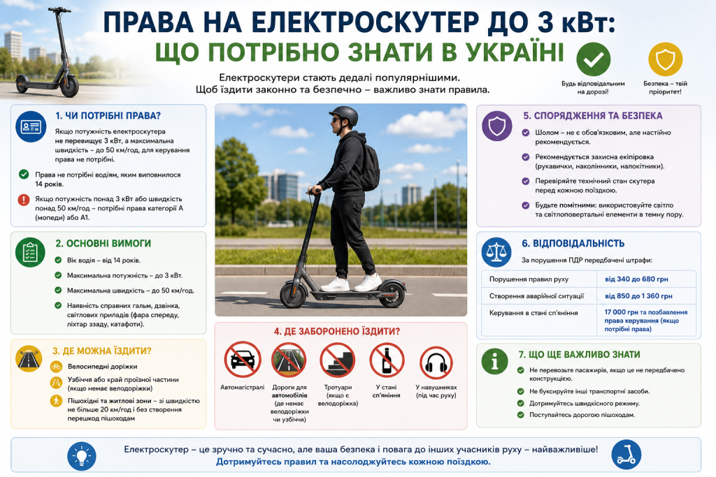 Інфографіка про правила керування електроскутером до 3 кВт в Україні