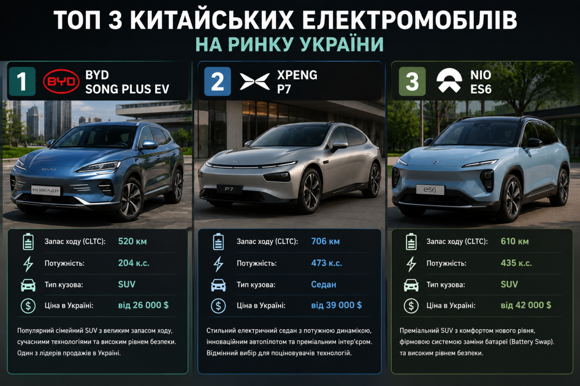 Інфографіка з характеристиками трьох найпопулярніших китайських електромобілів в Україні