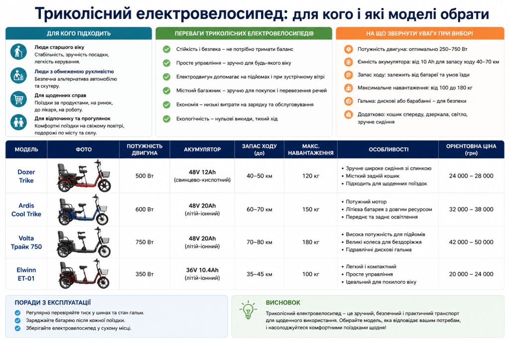 Інфографіка з порівнянням моделей триколісних електровелосипедів за потужністю, запасом ходу та ціною