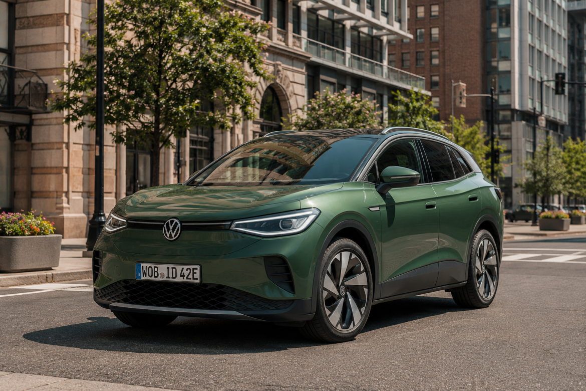 Зелений електромобіль Volkswagen ID.4 на міській вулиці серед будівель