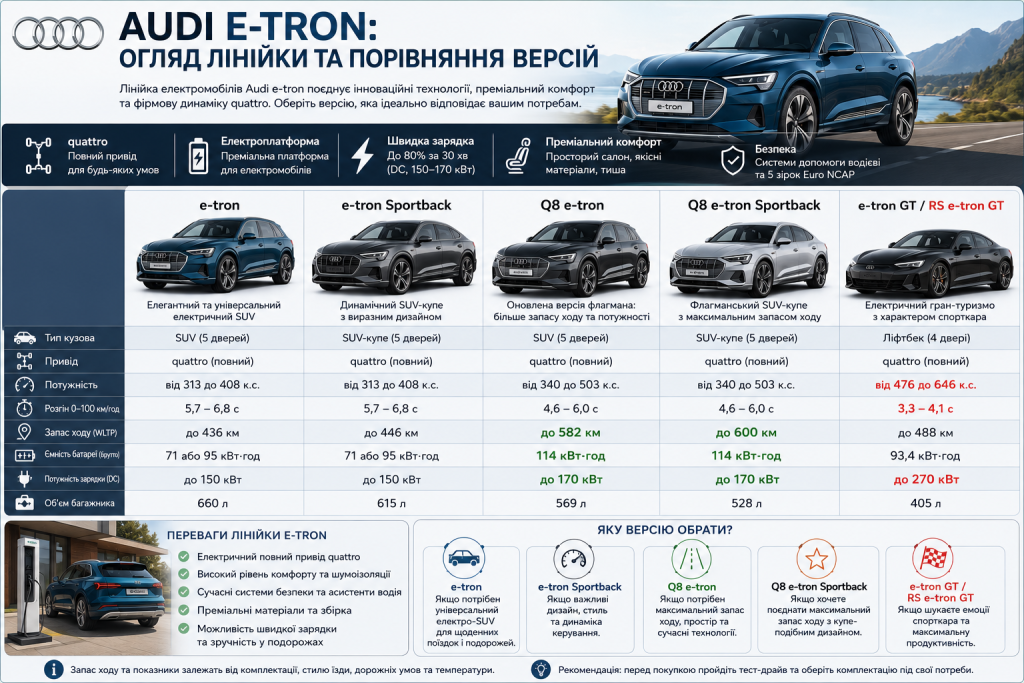 Інфографіка з порівнянням моделей Audi e-tron, Q8 e-tron, Sportback та e-tron GT за характеристиками