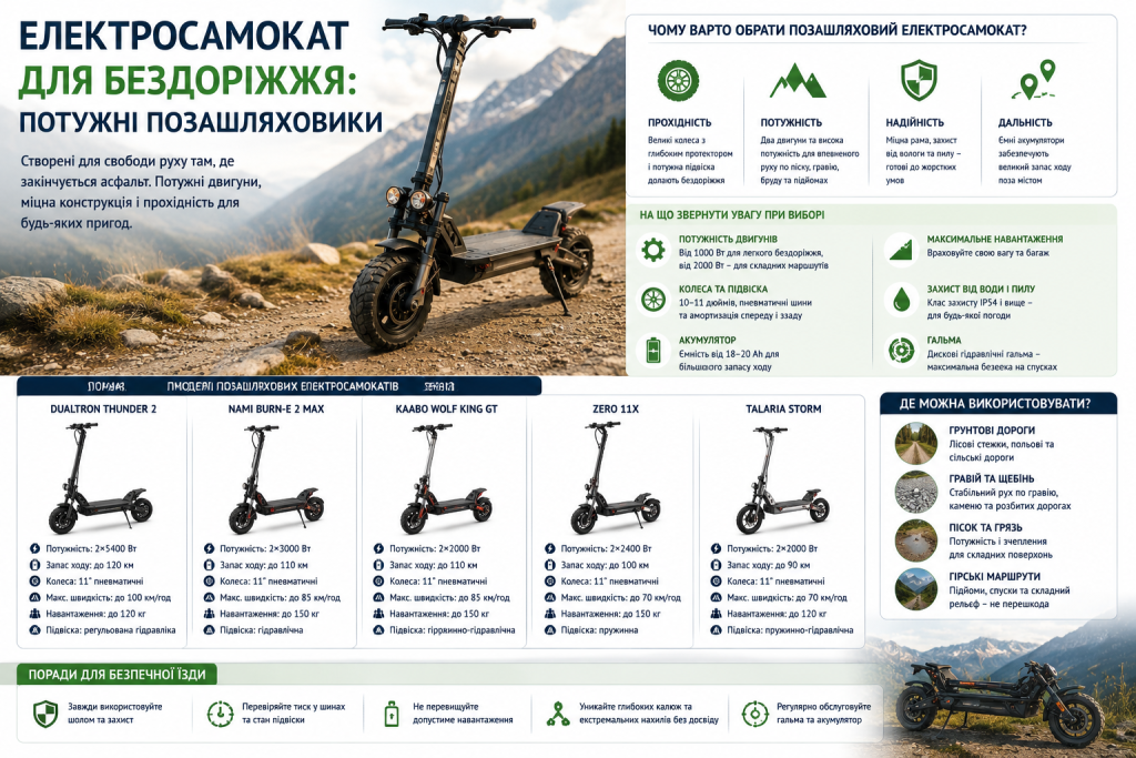 Інфографіка про потужні позашляхові електросамокати, їх характеристики, прохідність, запас ходу та критерії вибору.