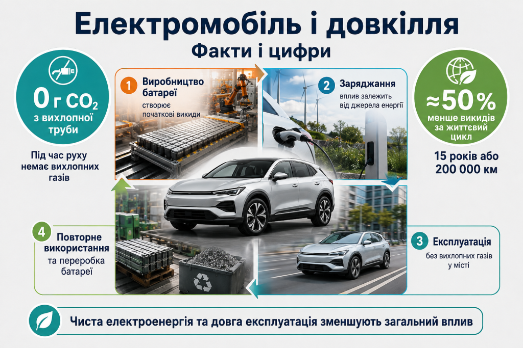 Інфографіка про вплив електромобілів на довкілля, виробництво батарей, заряджання, експлуатацію та переробку
