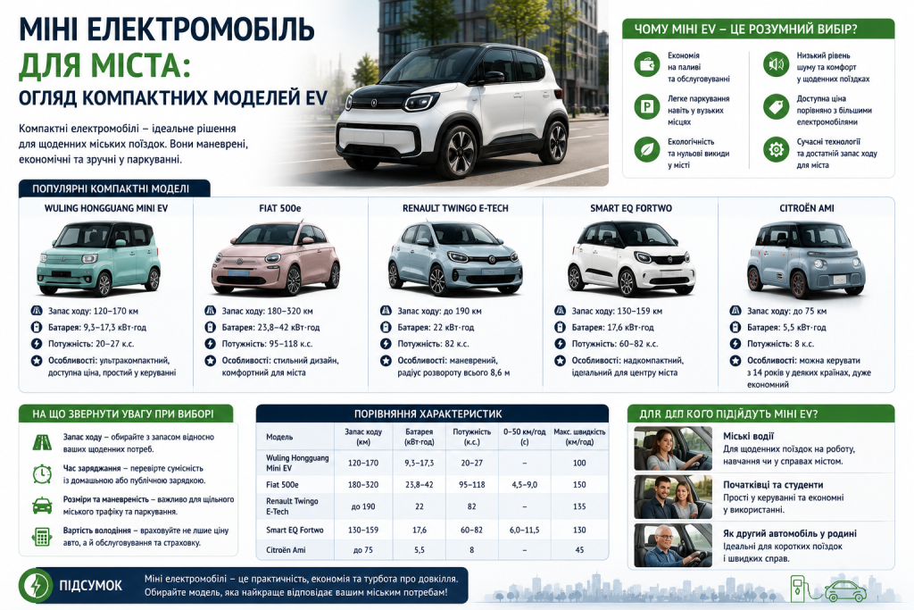 Інфографіка про компактні міські електромобілі з порівнянням популярних моделей, запасу ходу, батарей та основних характеристик.