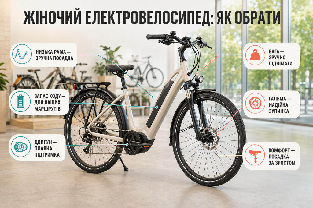 Інфографіка про вибір жіночого електровелосипеда з низькою рамою, запасом ходу, типом двигуна, гальмами та регулюванням посадки.