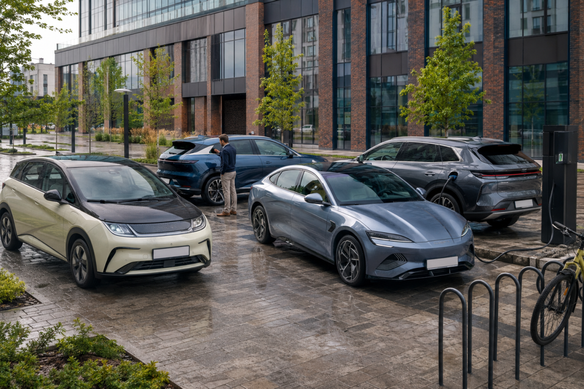 Кілька сучасних електромобілів BYD припарковані біля зарядних станцій у міському житловому кварталі.