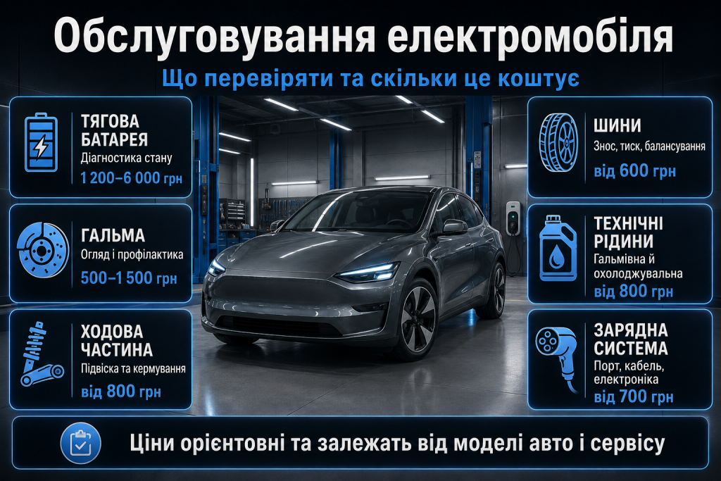 Інфографіка про обслуговування електромобіля з перевіркою батареї, гальм, ходової частини, шин, технічних рідин і зарядної системи