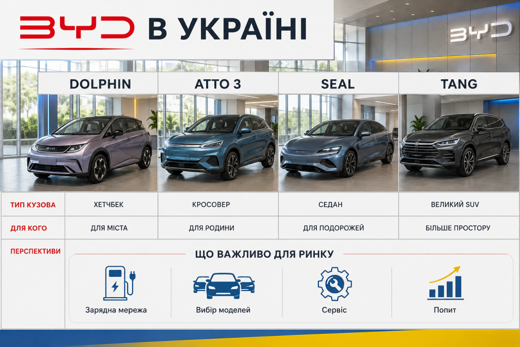 Інфографіка з оглядом моделей електромобілів BYD в Україні, типами кузова, призначенням та перспективами бренду.