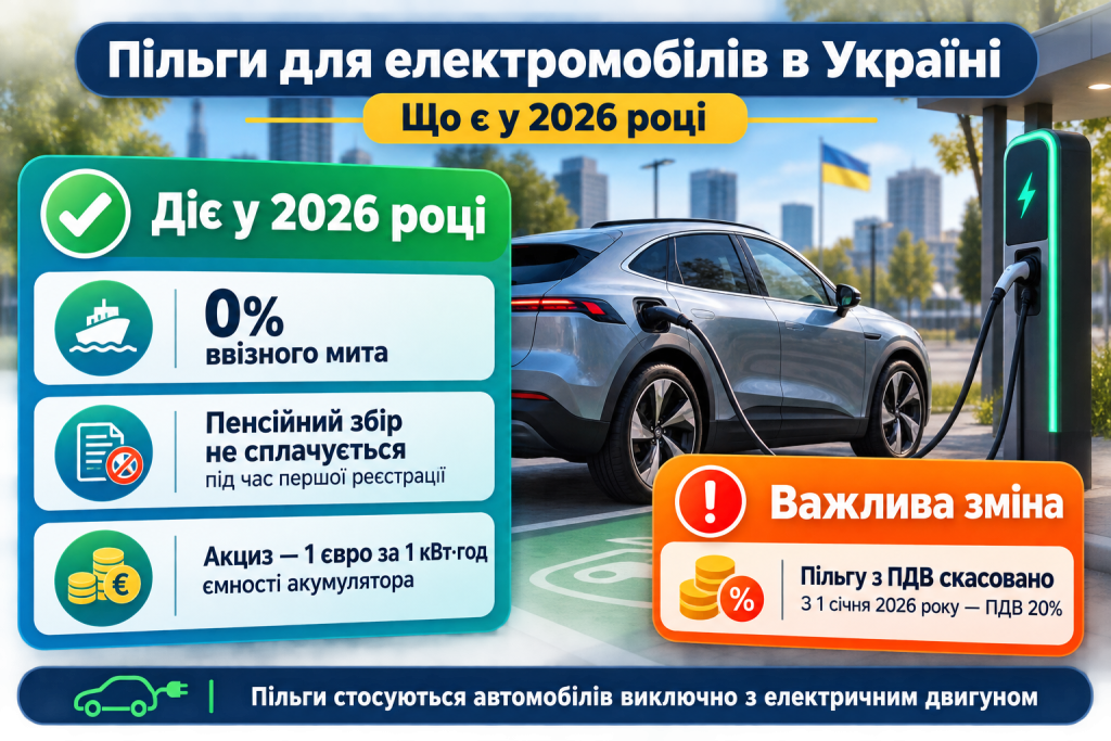 Інфографіка про пільги для електромобілів в Україні у 2026 році, ввізне мито, пенсійний збір, акциз і ПДВ