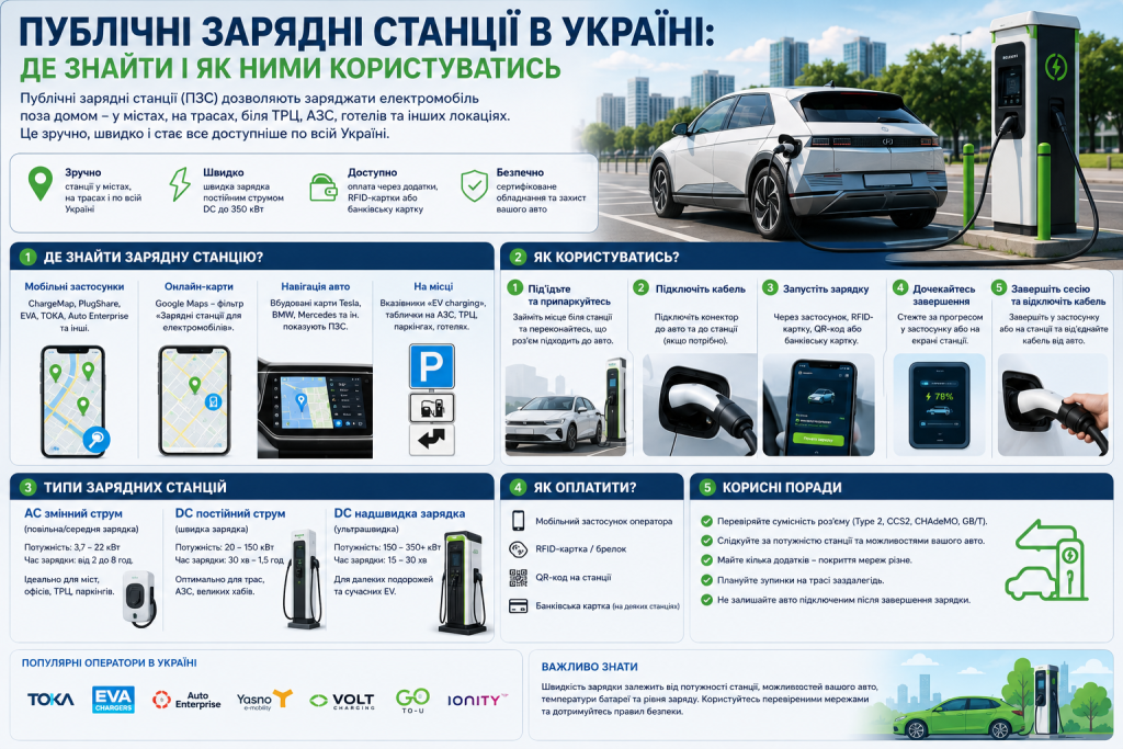 Інфографіка про пошук і використання публічних зарядних станцій для електромобілів в Україні