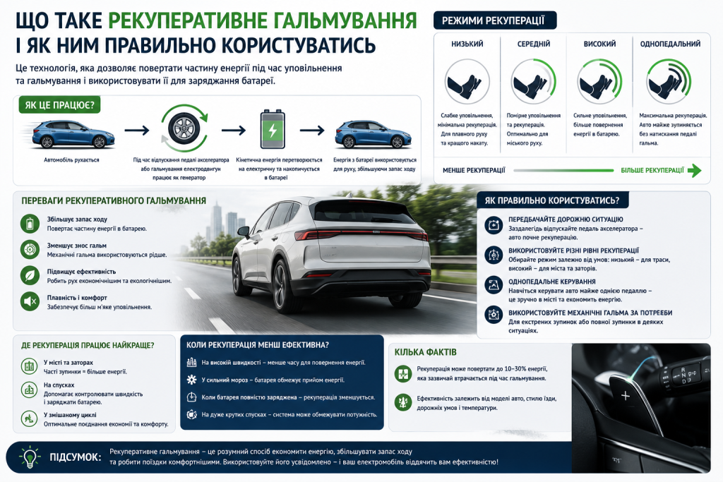Інфографіка про рекуперативне гальмування електромобіля, режими рекуперації, переваги та правила правильного використання.