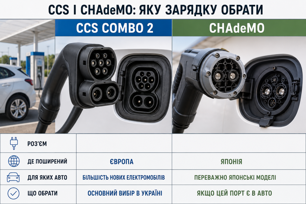 Інфографіка з порівнянням зарядних роз’ємів CCS Combo 2 і CHAdeMO для електромобілів та сфер їх використання.