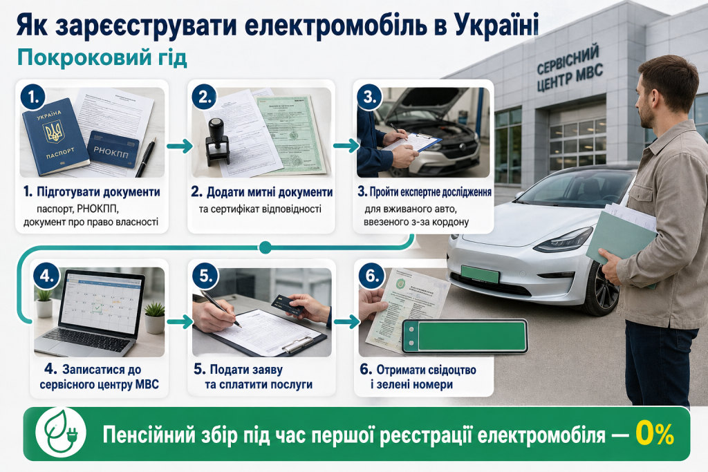 Покрокова інфографіка про реєстрацію електромобіля в Україні, необхідні документи, експертизу та отримання номерів