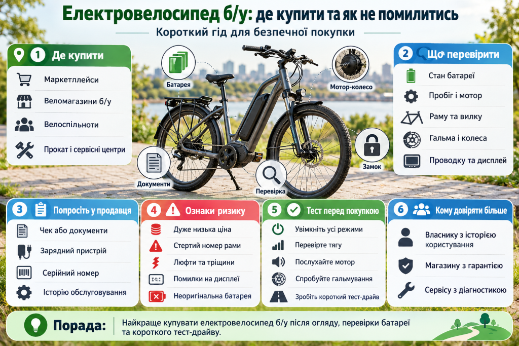 Інфографіка про купівлю вживаного електровелосипеда з рекомендаціями щодо перевірки акумулятора, електродвигуна, рами, гальм, документів і тестової поїздки.