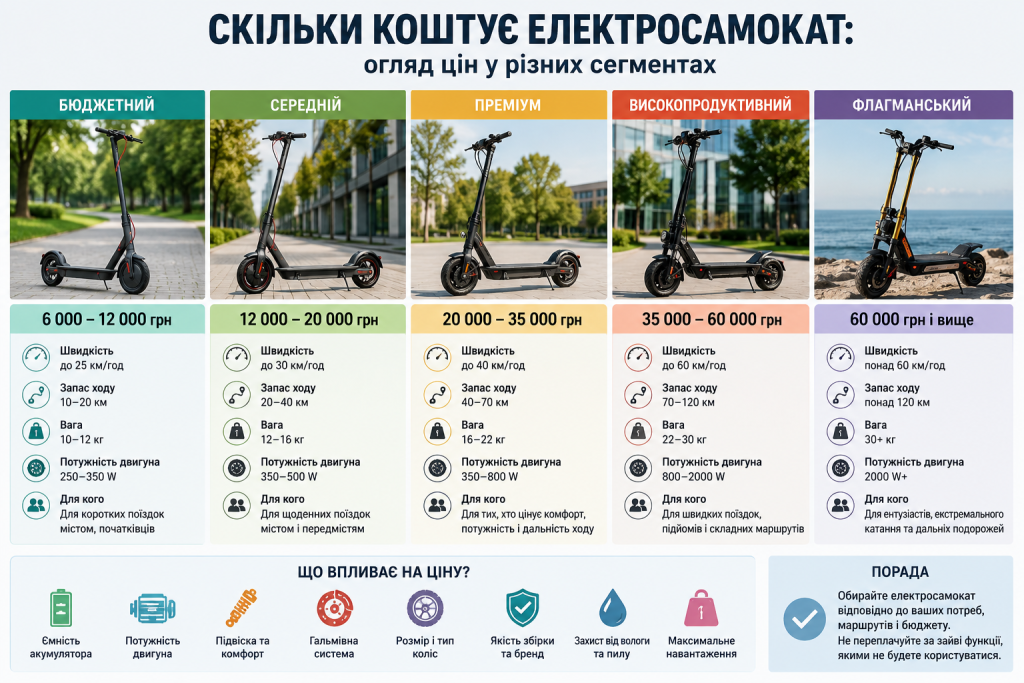 Інфографіка з цінами на електросамокати різних класів, швидкістю, запасом ходу та потужністю двигуна
